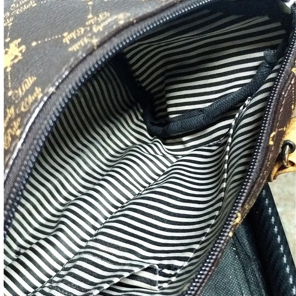 Beverly Hills Polo Club Brown Monogram Satchel Bag Striped Lining BHPC Logo